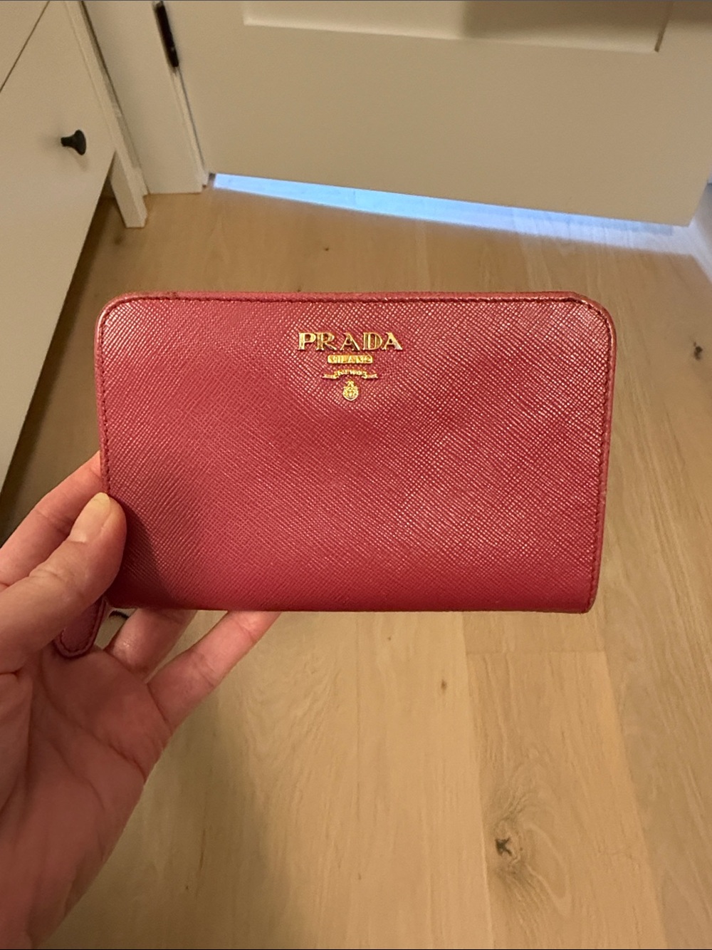 Prada Saffiano Zip Wallet in Rose Pink with Gold Hardware